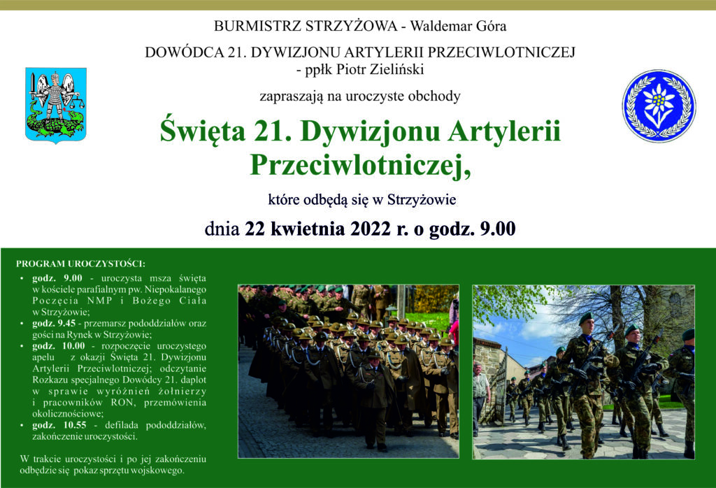 Plakat Św. 21. Dywizjonu Artylerii Przeciwlotniczej k tóry odbędzie się dnia 22 kwietnia 2022 r. o godzinie 9.00