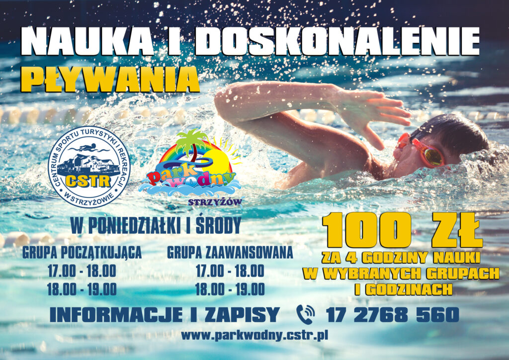 nauka i doskonalenie pływania
W poniedziałki i środy w grupach początkująca i zaawansowana w godzinach 17:00 - 18.00 oraz 18.00 - 19.00 w cenie 100 zł za 4 godzinne zajęcia. 
Informacje i zapisy: 172768560